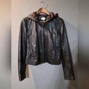 June Leather Black Moto Jacket Silk Lined Hooded Full Zip Womens M
